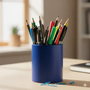 Close-up of a blue pen holder blue desk organizer on a wooden desk, neatly storing various writing instruments.