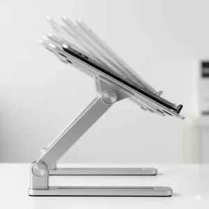 Close-up view of the branch adjustable laptop stand showing the range of motion and variable height angles.