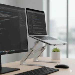 Close-up view of an adjustable riser next to a display screen, featuring the computer monitor and laptop stand.