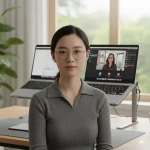 Close-up of a user utilizing the dual laptop stand with screens elevated to eye level for improved neck posture and ergonomics.