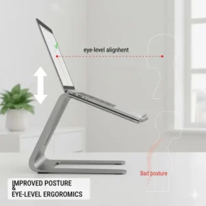 Close-up on the adjustable height feature of an ergonomic macbook computer stand to improve posture and align the screen at eye level.