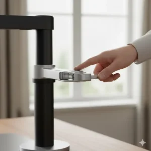 Close-up view of the easy-to-use height adjustment mechanism on the computer stand for standing use.