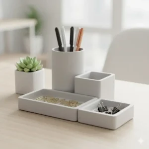 Close-up of a modern, modular cool office stationery desk organizer set, showcasing minimalist design and efficient storage for pens and clips.