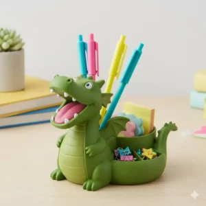 A quirky, non-traditional novelty desk organizer designed to hold fun office supplies like pens and paperclips.