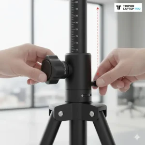 Close-up view showing the easy-to-use height adjustment mechanism of the tripod stand laptop.