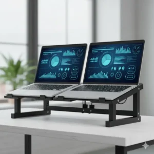 Close-up view of two open laptops perfectly aligned on a sturdy, adjustable double laptop stand for an efficient dual-screen setup.