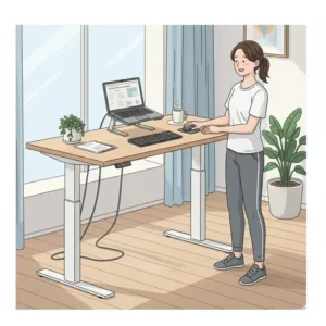 An illustration of an unique office desk that features a motorized, adjustable-height base, designed for ergonomic standing work.