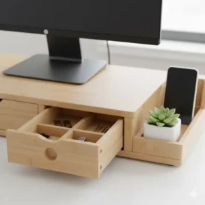 Close-up view of the smooth finish on the bamboo monitor shelf, highlighting the pull-out drawer and side compartments for desk organization.