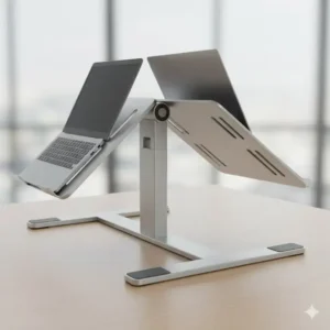 Detailed view of the heavy-duty aluminum construction of the dual laptop stand, emphasizing its stability and durable design.