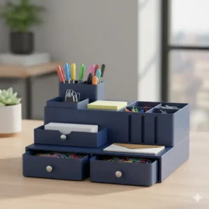 A multi-compartment blue desk organizer featuring two small drawers for storing paperclips and small accessories.