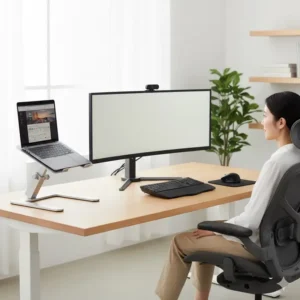 An ergonomic office environment demonstrating the alignment of the computer monitor and laptop stand.