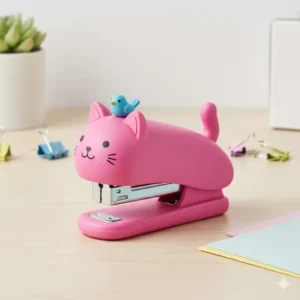 A cute, bright pink animal-shaped stapler, a perfect example of fun office supplies for a playful desk.