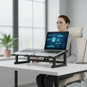 A person sitting comfortably at a desk, maintaining correct posture thanks to the elevated screen height provided by the double laptop stand.