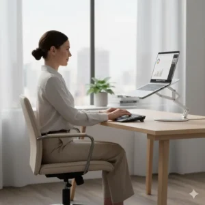 A person sitting comfortably at their desk with their laptop on the branch adjustable laptop stand, demonstrating improved posture and ergonomics.