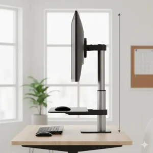 Side profile of the PC stand extended to its maximum height, ideal for converting any desk into a standing computer stand.