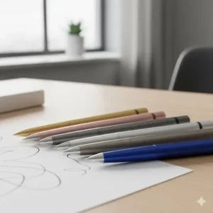 A set of stylish, ergonomic gel pens in various metallic colors, highlighting their smooth writing experience—essential cool office stationery.