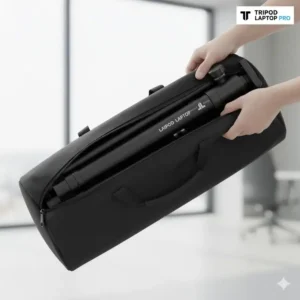 Highly portable tripod stand laptop fully folded down, ready for transport in its carrying bag.