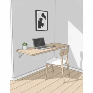 A sleek, minimalist floating desk mounted to a wall, showing a space-saving and unique office desk setup for a small home.