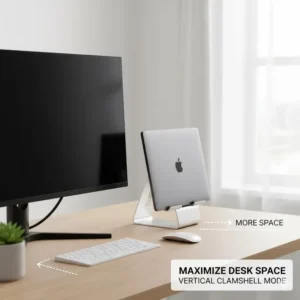 A vertical macbook computer stand holding a laptop in "clamshell mode," freeing up significant desk space next to an external monitor.