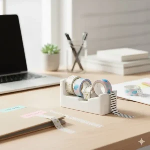 A colorful set of patterned washi tape and a decorative dispenser, making common stationery an interesting office supply for creative labeling and decorating.