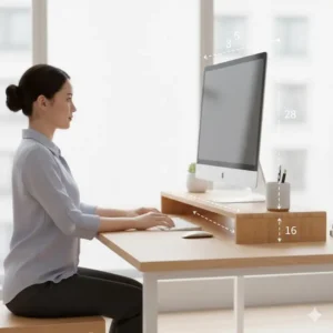 Side profile of the ergonomic bamboo monitor shelf, clearly showing the height that brings the screen to eye level for better posture.