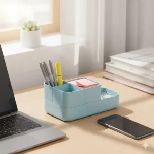 A compact light blue desk organizer suitable for a small workspace or dorm room desk.