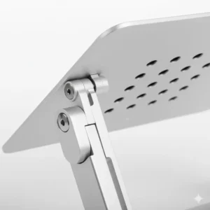 Detail shot highlighting the durable, lightweight aluminum design and ventilation holes of the branch adjustable laptop stand.