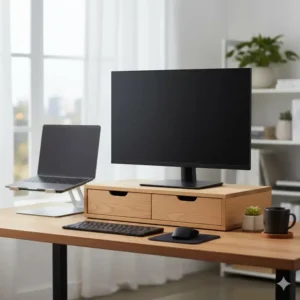 Wooden desktop storage unit elevating the main screen, complemented by a simple computer monitor and laptop stand arrangement.