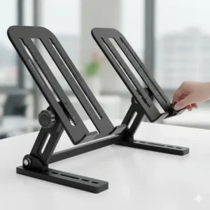 Showing the different height and angle adjustment mechanisms of the heavy-duty double laptop stand to customize the viewing experience.