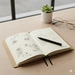 Open view of an eco-friendly dotted notebook with a unique texture cover, perfect for bullet journaling and creative work, a must-have piece of cool office stationery.