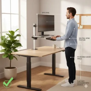Diagram showing proper ergonomic benefits and posture when using a computer stand for standing work.