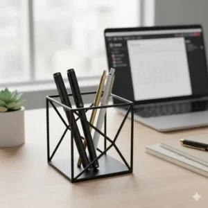 A modern, geometric metal mesh pen holder, an interesting office supply that adds a contemporary flair to desk organization.