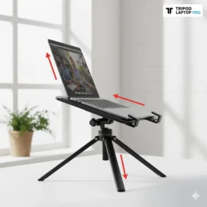 Demonstrating the full range of angle tilt for the secure tray of the tripod stand laptop for presentations.