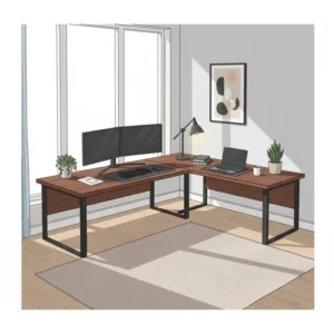 A large, L-shaped corner unique office desk in a dark finish, providing an abundance of work surface with a modern design.