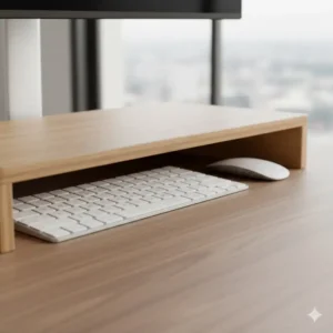 An angled view showing a full-sized keyboard and mouse neatly tucked away in the storage space underneath the bamboo monitor shelf.
