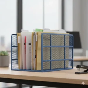 Heavy-duty blue mesh metal blue desk organizer for files and documents, offering a durable storage solution.
