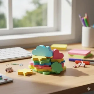 A stack of colorful, unusually shaped sticky notes adding a creative and fun office supplies touch to standard office items.