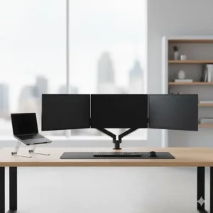 Triple-screen workspace utilizing two main screens and a raised device on a computer monitor and laptop stand.