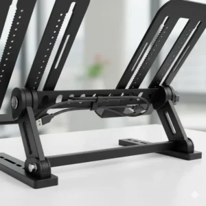 Detail shot of the integrated cable management system underneath the double laptop stand base, keeping the desk tidy and organized.