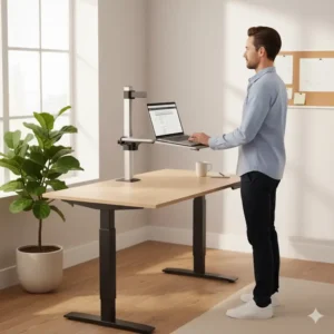 Portable computer stand for standing supporting a laptop for comfortable work and improved focus.