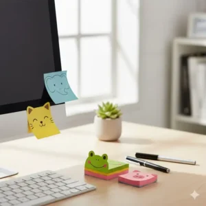 A stack of novelty animal-shaped sticky notes bringing a touch of fun and personality to an otherwise standard desk setup, which is great cool office stationery.