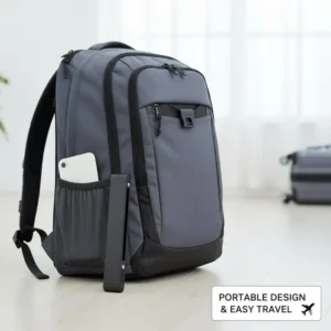 Lightweight, folding portable macbook computer stand collapsed for travel, placed next to a backpack to illustrate its compact size.