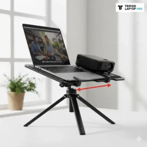 The versatile tripod stand laptop is compatible with various devices, shown here holding a laptop and a small projector.