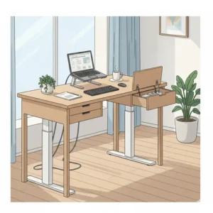A high-angle view of a unique office desk featuring clever, hidden, integrated storage and cable management solutions.