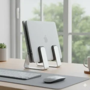 Illustration of the dual laptop stand in its vertical storage configuration, securely holding two closed laptops to maximize desktop real estate.