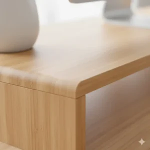 Macro shot focusing on the natural grain, texture, and polished finish of the high-quality bamboo monitor shelf wood.
