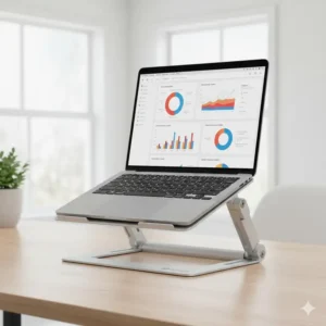 A 15-inch laptop securely placed on the robust platform of the branch adjustable laptop stand, showing wide compatibility.