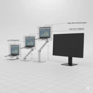 Diagram illustrating the height range and proper positioning for the computer monitor and laptop stand.