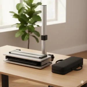 The computer stand for standing is shown in its folded, compact state for convenient storage and portability.