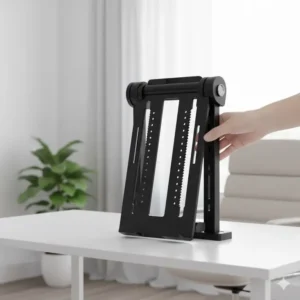 The double laptop stand fully folded down, demonstrating its slim profile and portability for easy storage or travel.